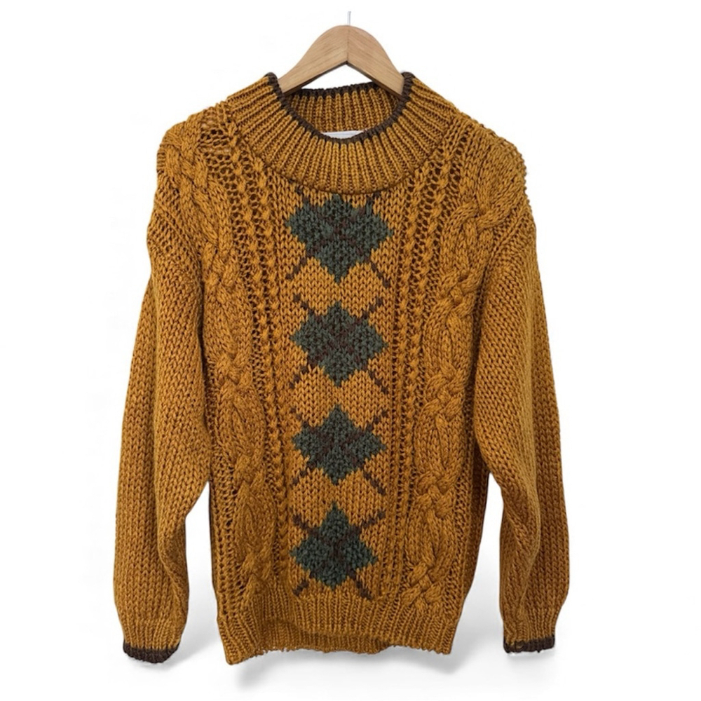 Vintage Chunky Knit Sweater 80s Cable Argyle Pattern Mustard Fisherman Style